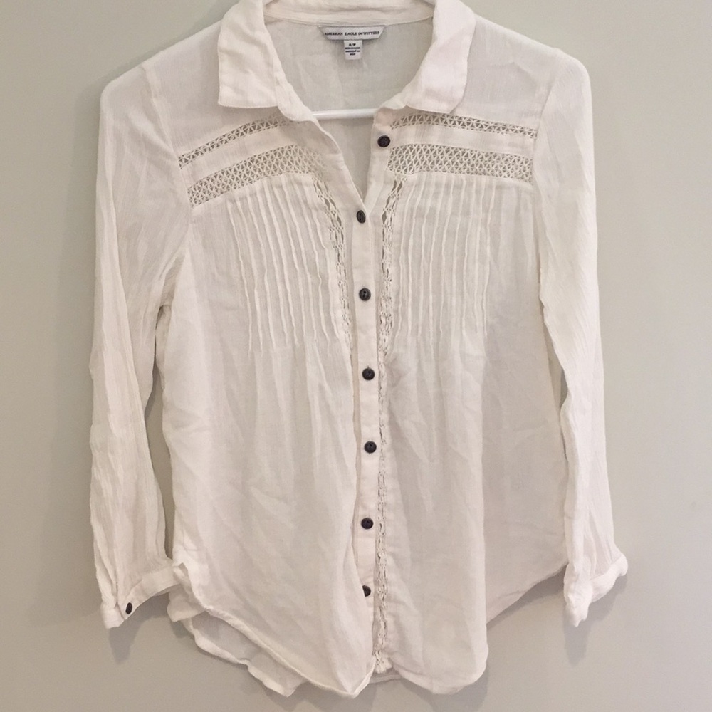 American Eagle White Flowy Button Up Shirt
